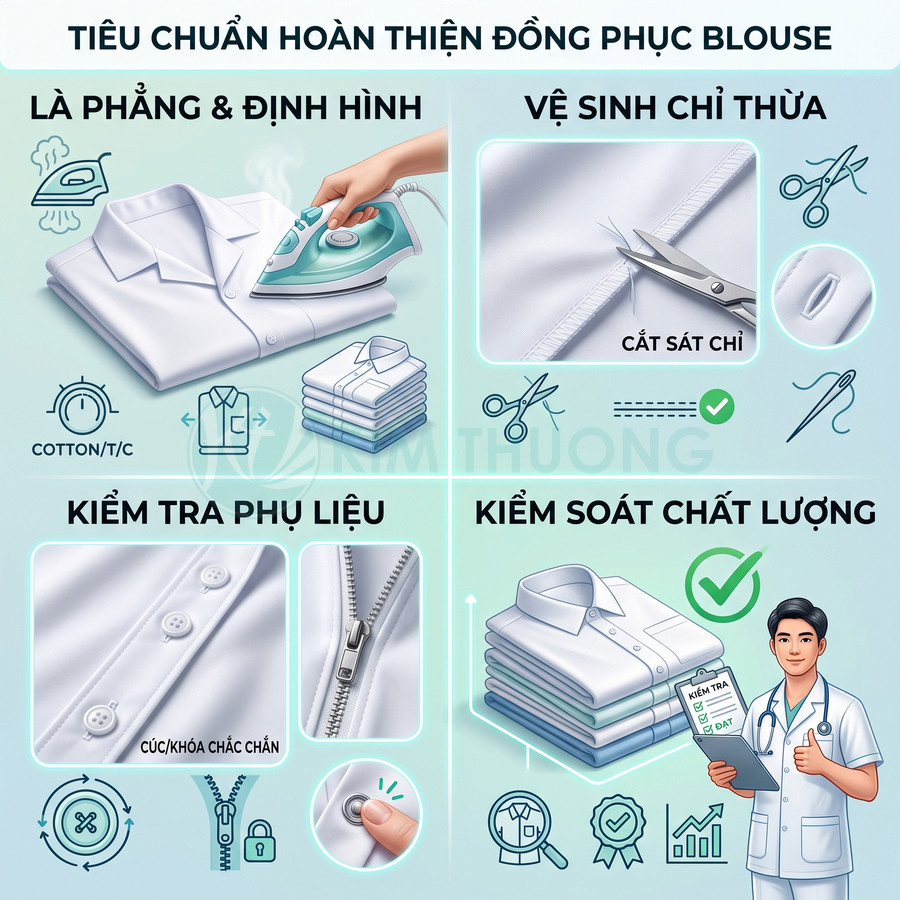 Quy trình hoàn thiện đồng phục blouse y tế gồm là phẳng, vệ sinh chỉ thừa, kiểm tra phụ liệu và kiểm soát chất lượng
