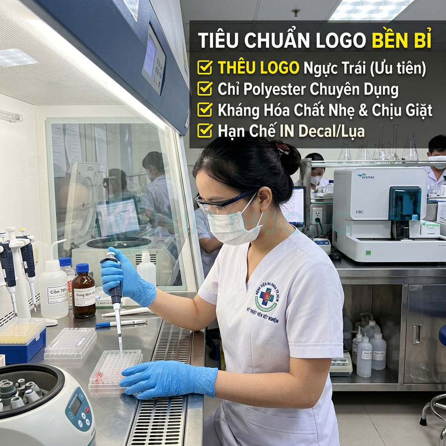 Nhân viên xét nghiệm mặc áo blouse thêu logo bệnh viện đang thao tác pipet trong phòng lab hiện đại