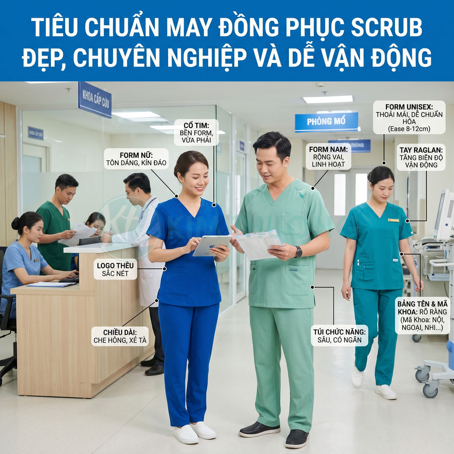 Nhân viên y tế mặc đồng phục scrub nhiều màu trong bệnh viện, thiết kế chuyên nghiệp dễ vận động