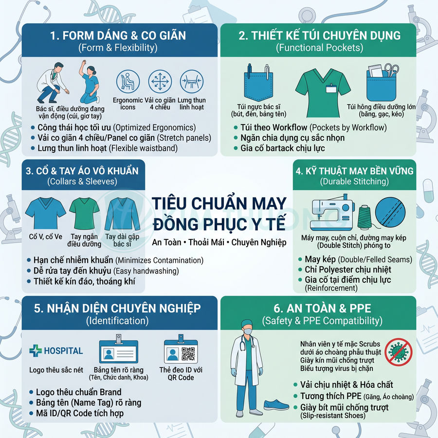 Tiêu chuẩn thiết kế và may đồng phục y tế chuyên nghiệp với áo blouse, scrubs, giày bảo hộ và phụ kiện PPE