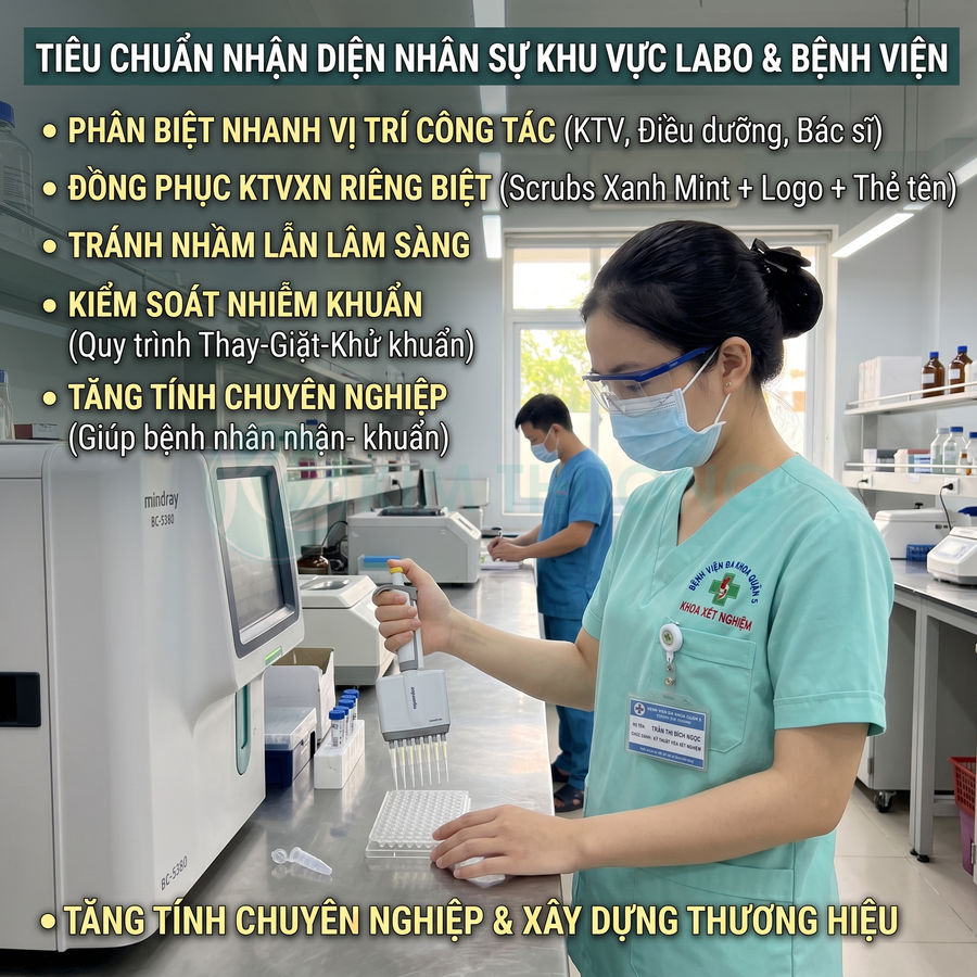 Kỹ thuật viên xét nghiệm bệnh viện mặc đồng phục xanh mint thao tác pipet trong phòng labo hiện đại