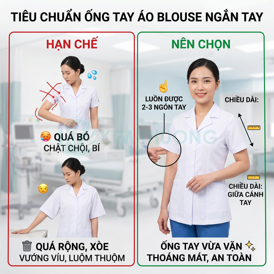 Nữ nhân viên y tế mặc áo blouse trắng tay ngắn vừa vặn, so sánh với ống tay quá bó và quá rộng