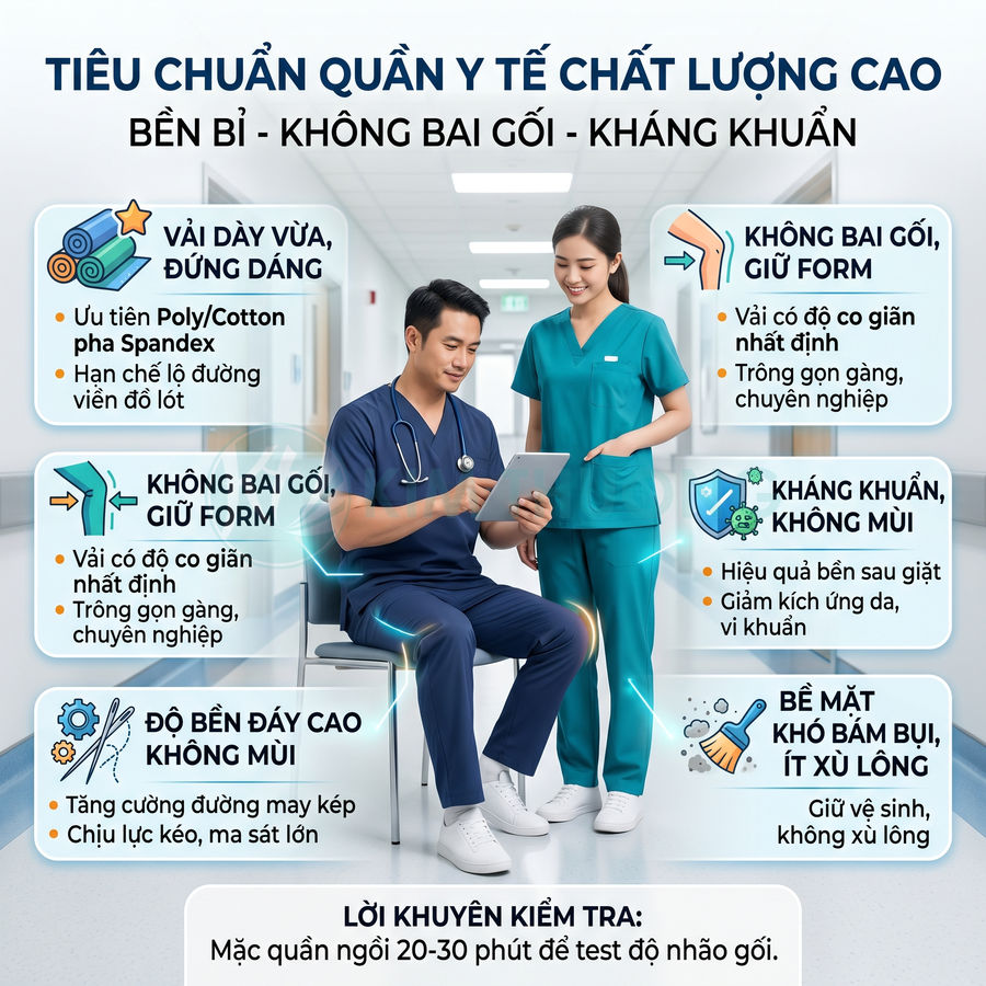 Bộ quần áo y tế màu xanh dương và xanh ngọc cho bác sĩ, y tá với chất liệu bền, không bai gối, kháng khuẩn