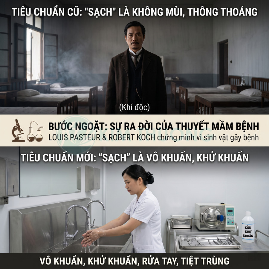 Nhân viên y tế rửa tay bằng xà phòng tại bồn rửa inox trong phòng khám vô khuẩn, cạnh máy tiệt trùng và chai cồn khử khuẩn