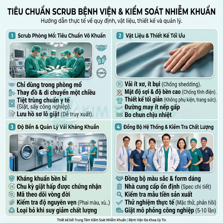 Hướng dẫn tiêu chuẩn scrub bệnh viện và kiểm soát nhiễm khuẩn với bác sĩ, y tá và quy trình giặt hấp vải kháng khuẩn