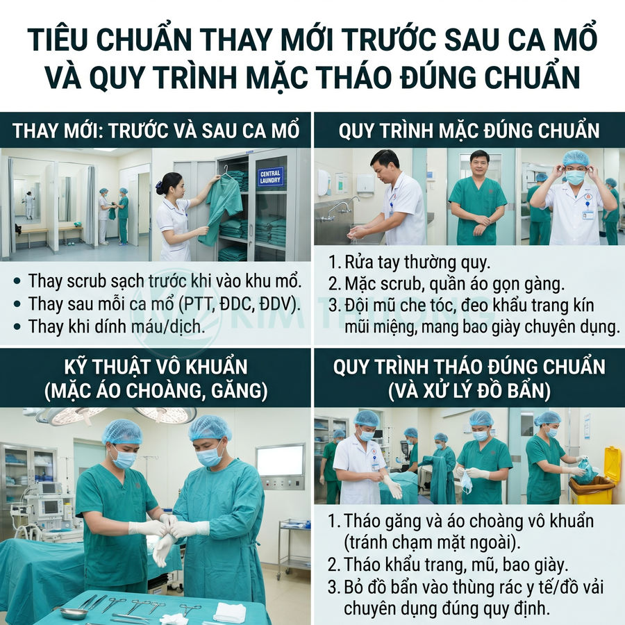 Quy trình thay mới trang phục phẫu thuật và mặc tháo áo choàng găng tay vô khuẩn trong phòng mổ