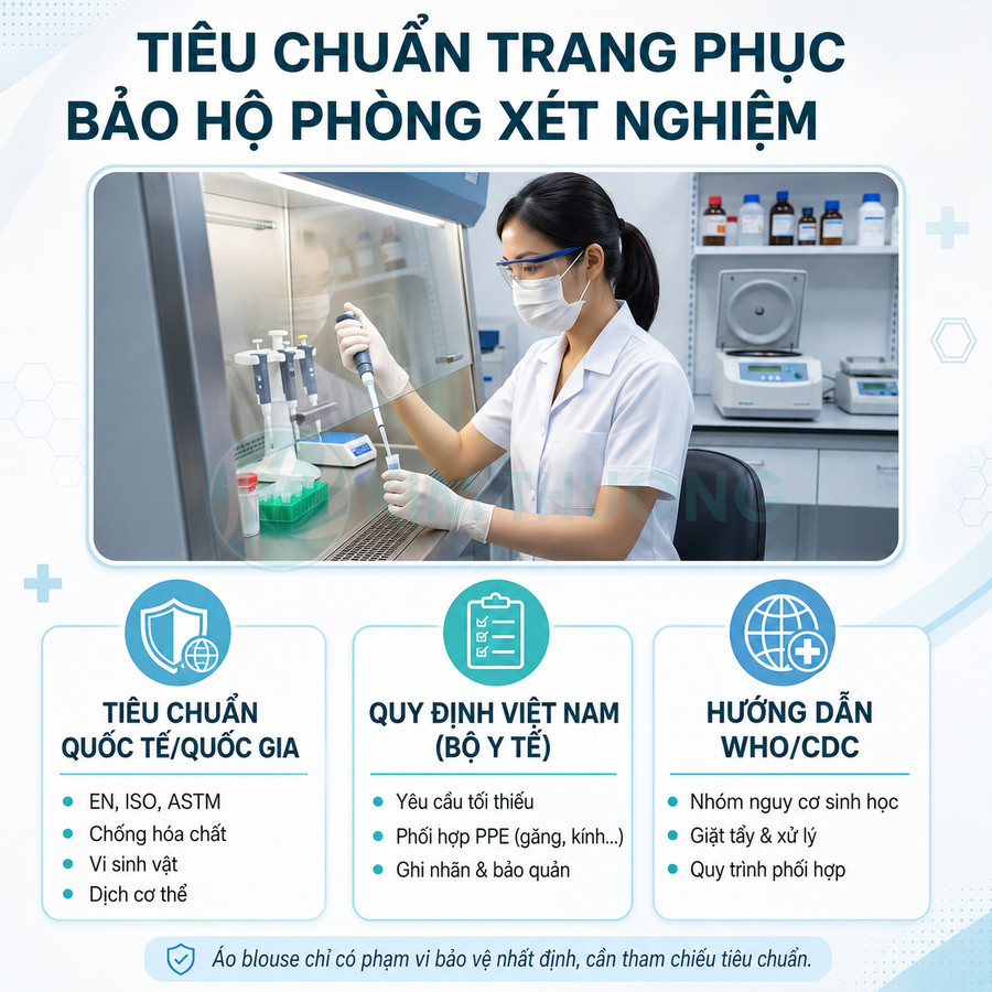 Nhân viên xét nghiệm mặc áo blouse, khẩu trang, găng tay thao tác pipet trong tủ an toàn sinh học phòng lab