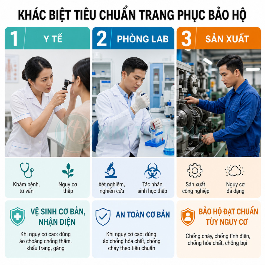 So sánh trang phục bảo hộ cho nhân viên y tế, phòng lab và công nhân sản xuất trong các môi trường làm việc khác nhau