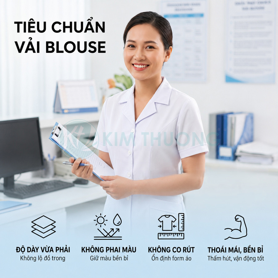 Nữ nhân viên y tế mặc áo blouse trắng đứng trong phòng khám, giới thiệu chất liệu vải blouse tiêu chuẩn