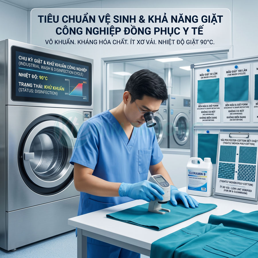 Nhân viên y tế kiểm tra chất lượng vải đồng phục trong phòng giặt khử khuẩn công nghiệp