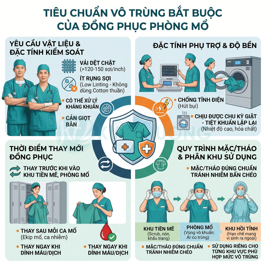 Tiêu chuẩn vô trùng bắt buộc cho đồng phục phòng mổ với yêu cầu chất liệu, thay mới và quy trình mặc tháo