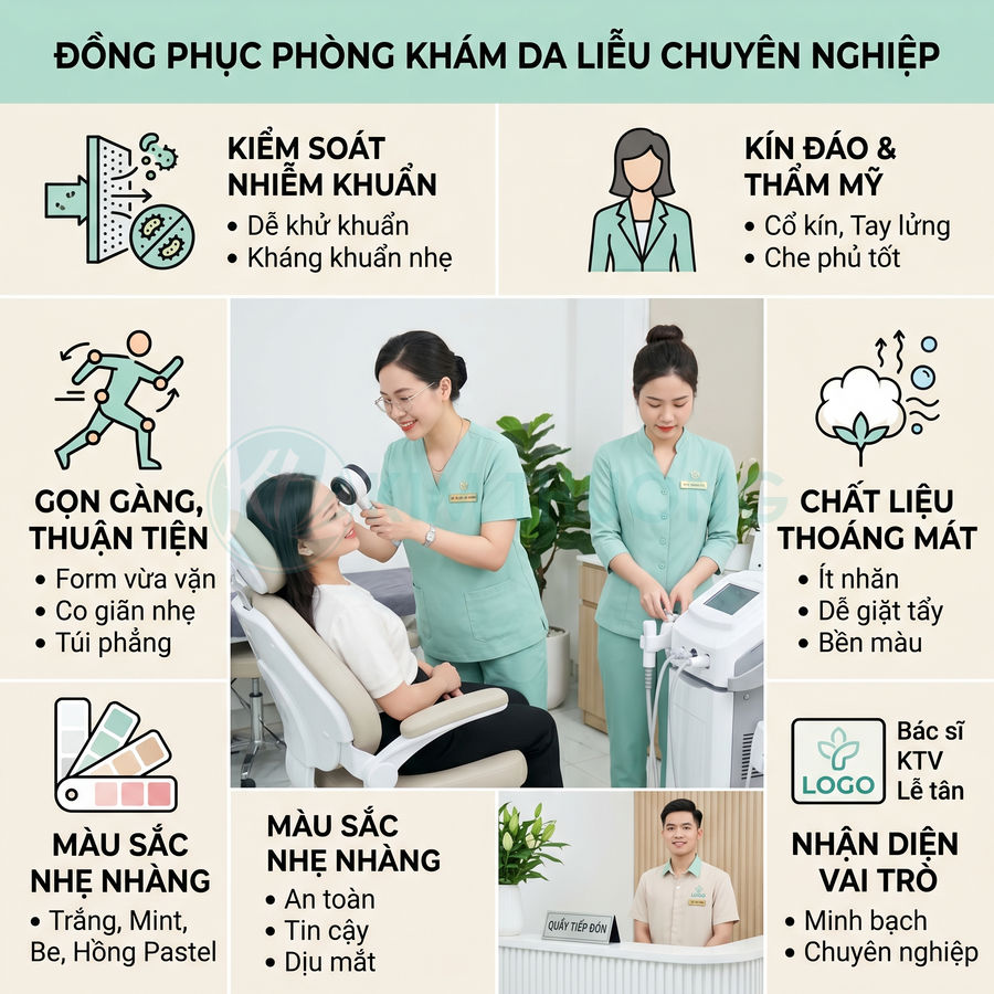 Đồng phục phòng khám da liễu màu xanh pastel cho bác sĩ và nhân viên, thiết kế kín đáo, thoáng mát, gọn gàng chuyên nghiệp