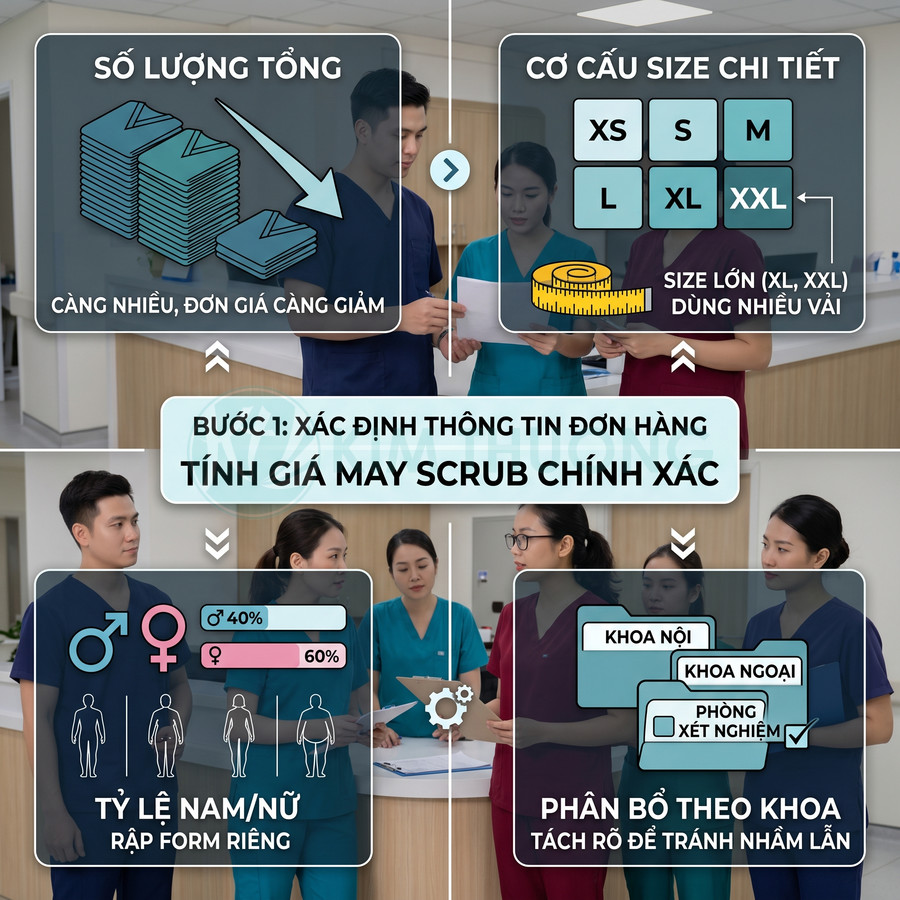 Nhân viên y tế mặc đồng phục scrub nhiều màu thảo luận quy trình đặt may scrub theo size và số lượng