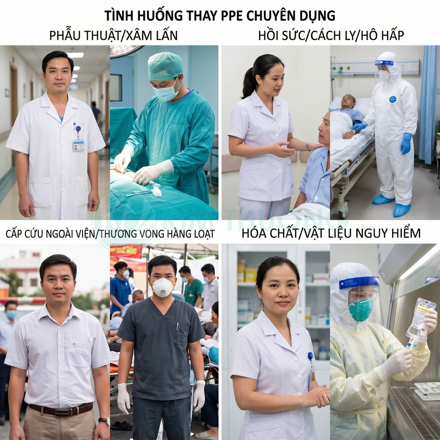 Nhân viên y tế sử dụng các loại đồ bảo hộ PPE khác nhau trong phẫu thuật, hồi sức và xử lý hóa chất nguy hiểm