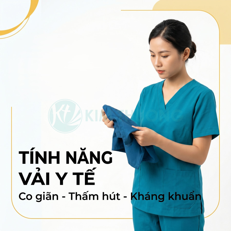 Nữ nhân viên y tế mặc đồ scrub xanh kiểm tra vải y tế co giãn thấm hút kháng khuẩn