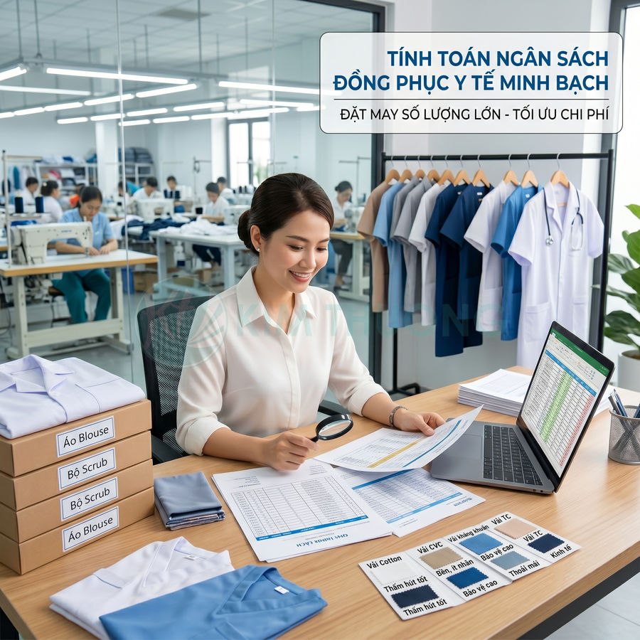 Nhân viên tính toán chi phí đặt may đồng phục y tế với mẫu áo blouse và scrub trên bàn làm việc