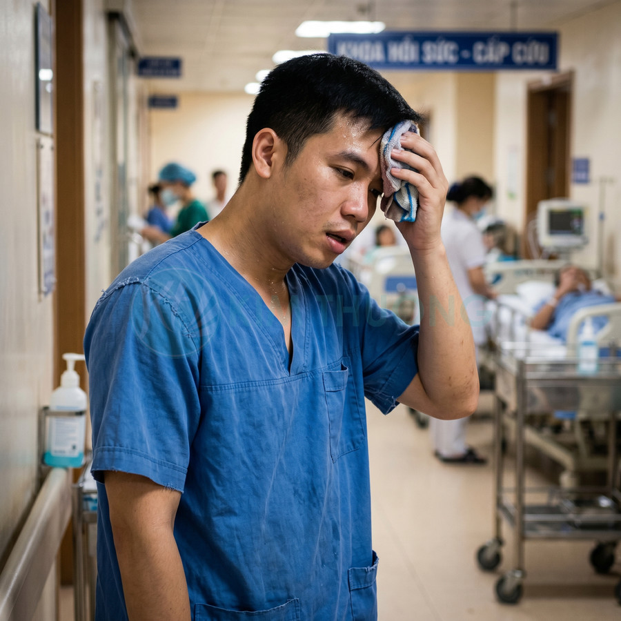 Bác sĩ mặc đồ phẫu thuật xanh lau mồ hôi trên trán trong hành lang khoa hồi sức cấp cứu