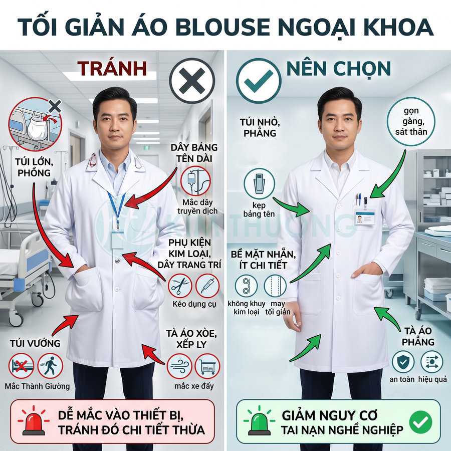 Hướng dẫn chọn áo blouse ngoại khoa phẳng, ít chi tiết, túi nhỏ gọn để giảm nguy cơ tai nạn nghề nghiệp