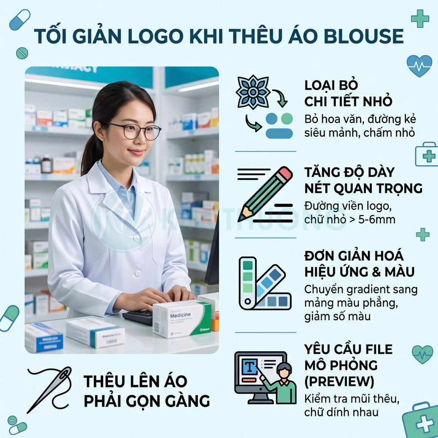 Hướng dẫn tối giản logo thêu trên áo blouse trắng cho dược sĩ trong nhà thuốc