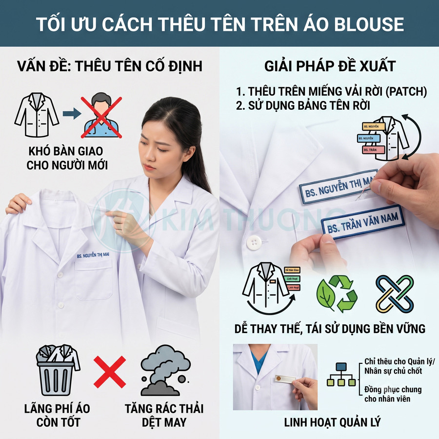 Áo blouse bác sĩ với giải pháp thêu tên trên miếng vải rời, dễ thay thế và tái sử dụng bền vững