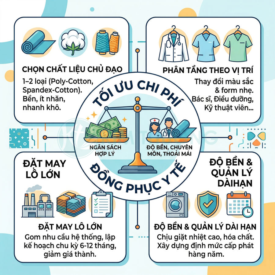 Infographic tối ưu chi phí đặt may đồng phục y tế với chất liệu, phân tầng vị trí và quản lý độ bền dài hạn