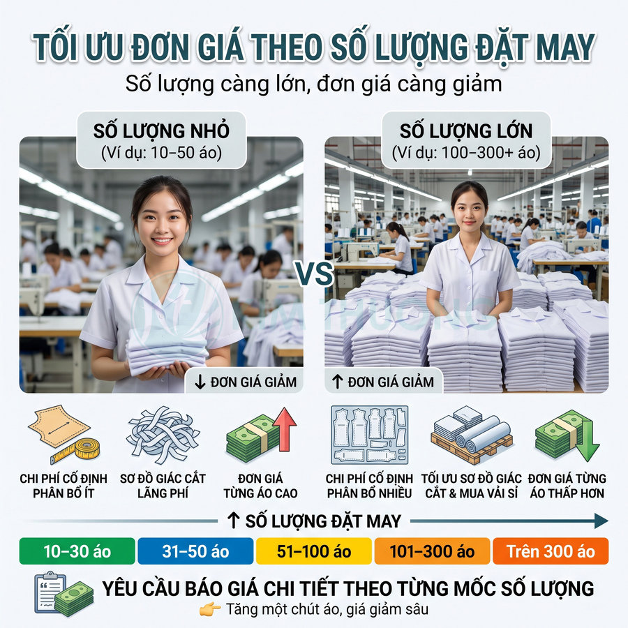 Bảng so sánh giá may đồng phục theo số lượng nhỏ và lớn trong xưởng may công nghiệp