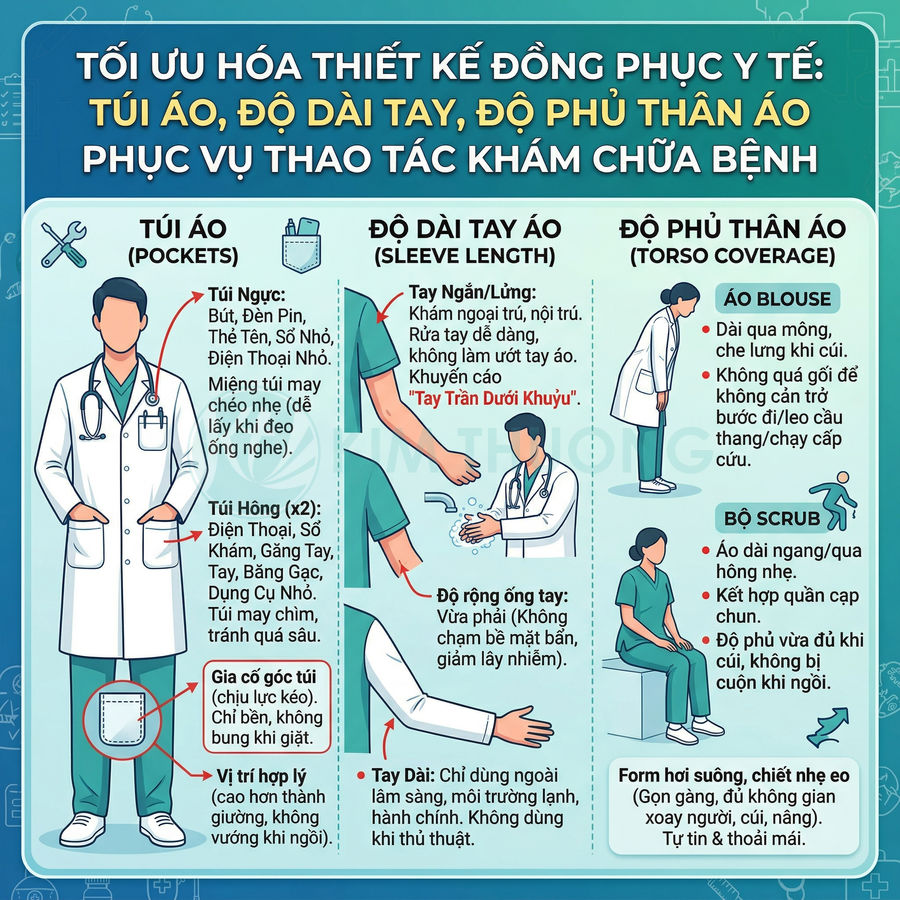 Infographic hướng dẫn tối ưu thiết kế đồng phục y tế với túi áo, độ dài tay và độ phủ thân áo cho bác sĩ, điều dưỡng