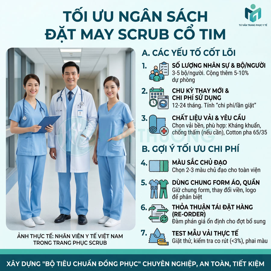 Nhân viên y tế Việt Nam mặc đồng phục scrub cổ tim màu xanh dương đứng trong hành lang bệnh viện