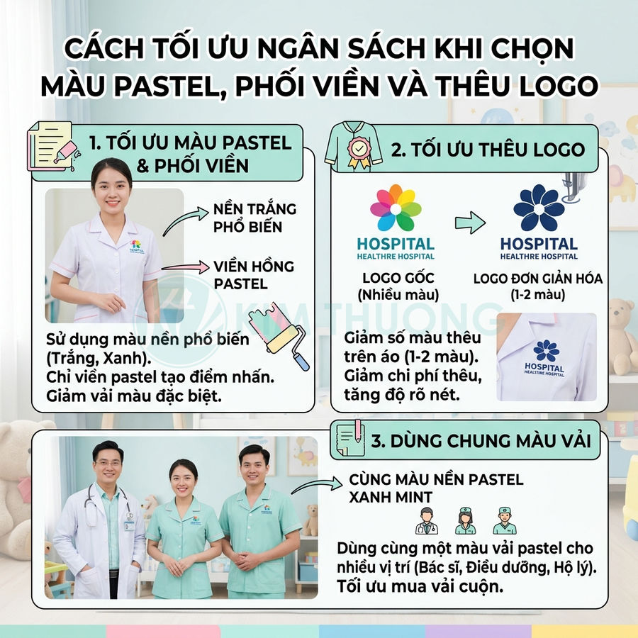 Hướng dẫn tối ưu chi phí may đồng phục y tế màu pastel, phối viền và thêu logo bệnh viện