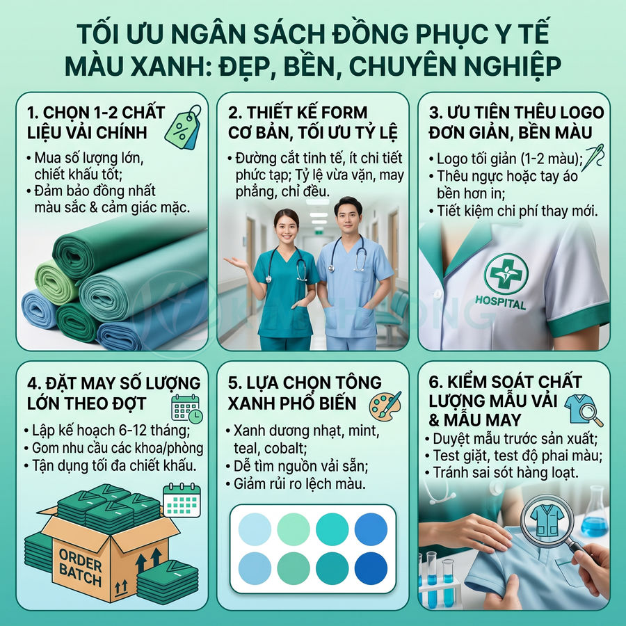 Infographic hướng dẫn tối ưu ngân sách may đồng phục y tế màu xanh đẹp bền chuyên nghiệp cho bệnh viện và phòng khám