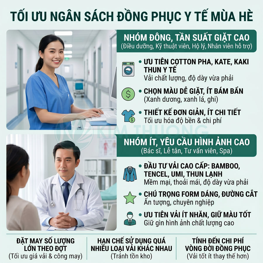 Infographic tối ưu ngân sách đồng phục y tế mùa hè với mẫu scrub xanh cho điều dưỡng và áo blouse trắng cho bác sĩ