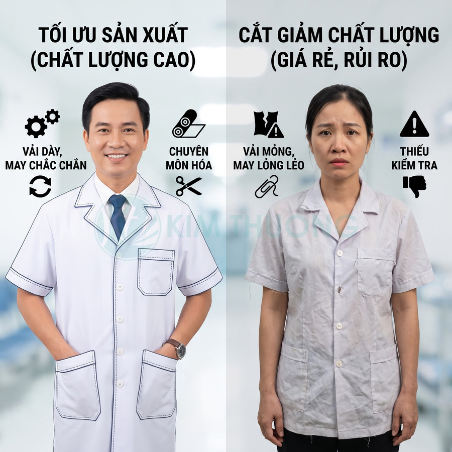 So sánh áo blouse đồng phục vải dày, đường may chắc chắn với áo blouse mỏng, nhăn và may lỏng lẻo