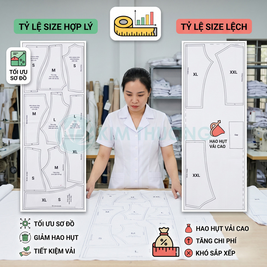 Nhân viên may mặc sắp xếp rập áo đồng phục nhiều size trên bàn cắt để tối ưu vải và giảm hao hụt