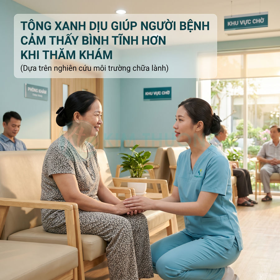 Điều dưỡng mặc đồng phục xanh tư vấn và nắm tay bệnh nhân nữ lớn tuổi trong phòng chờ khám bệnh