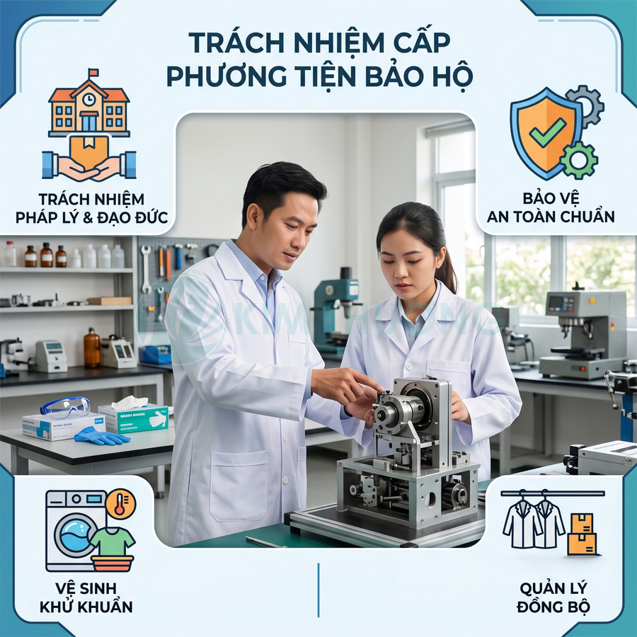 Kỹ sư phòng thí nghiệm hướng dẫn sử dụng máy móc, bàn có găng tay và kính bảo hộ an toàn lao động