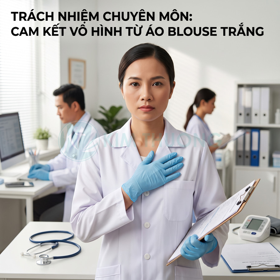 Bác sĩ mặc áo blouse trắng đeo găng tay y tế xanh cầm bảng hồ sơ trong phòng khám hiện đại