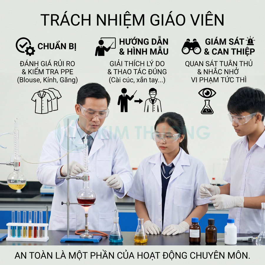 Giáo viên hướng dẫn hai học sinh làm thí nghiệm hóa học trong phòng lab với đầy đủ đồ bảo hộ an toàn