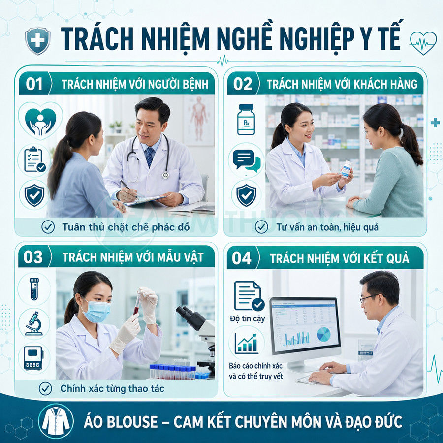 Bộ ảnh bác sĩ và nhân viên y tế mặc áo blouse khám bệnh, tư vấn thuốc, xét nghiệm và phân tích kết quả trên máy tính