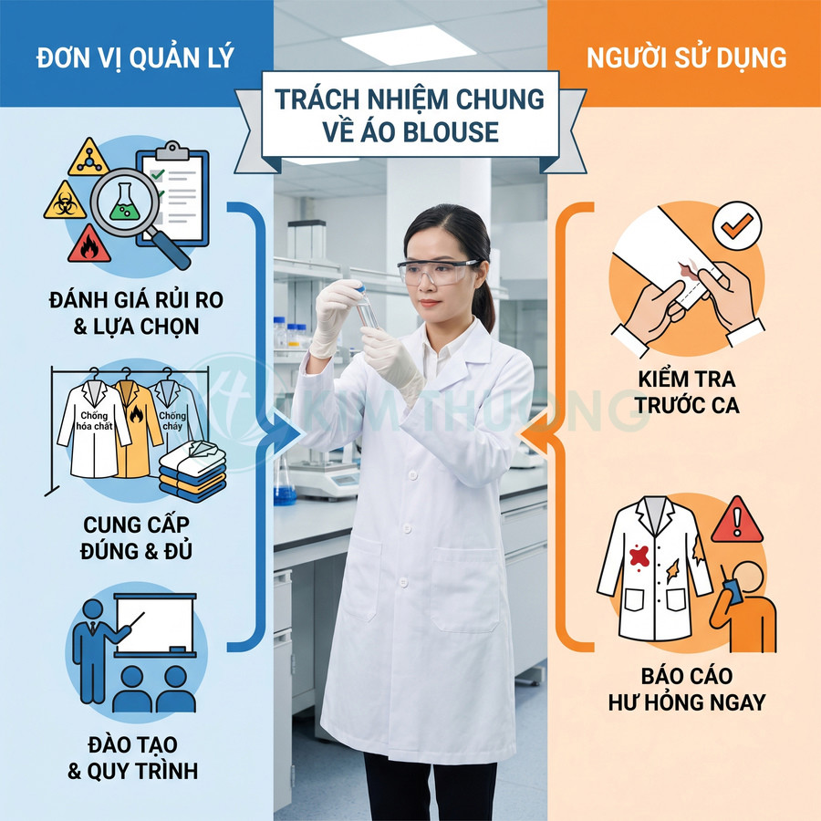 Trách nhiệm quản lý và người sử dụng trong việc lựa chọn, cung cấp, kiểm tra và bảo quản áo blouse phòng thí nghiệm
