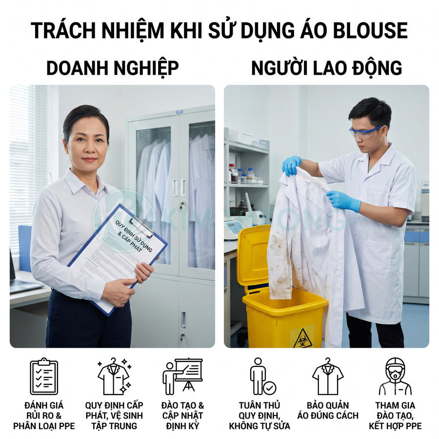 Nhân viên y tế cầm áo blouse bẩn bỏ vào thùng rác y tế cạnh bảng quy định sử dụng và cấp phát áo blouse