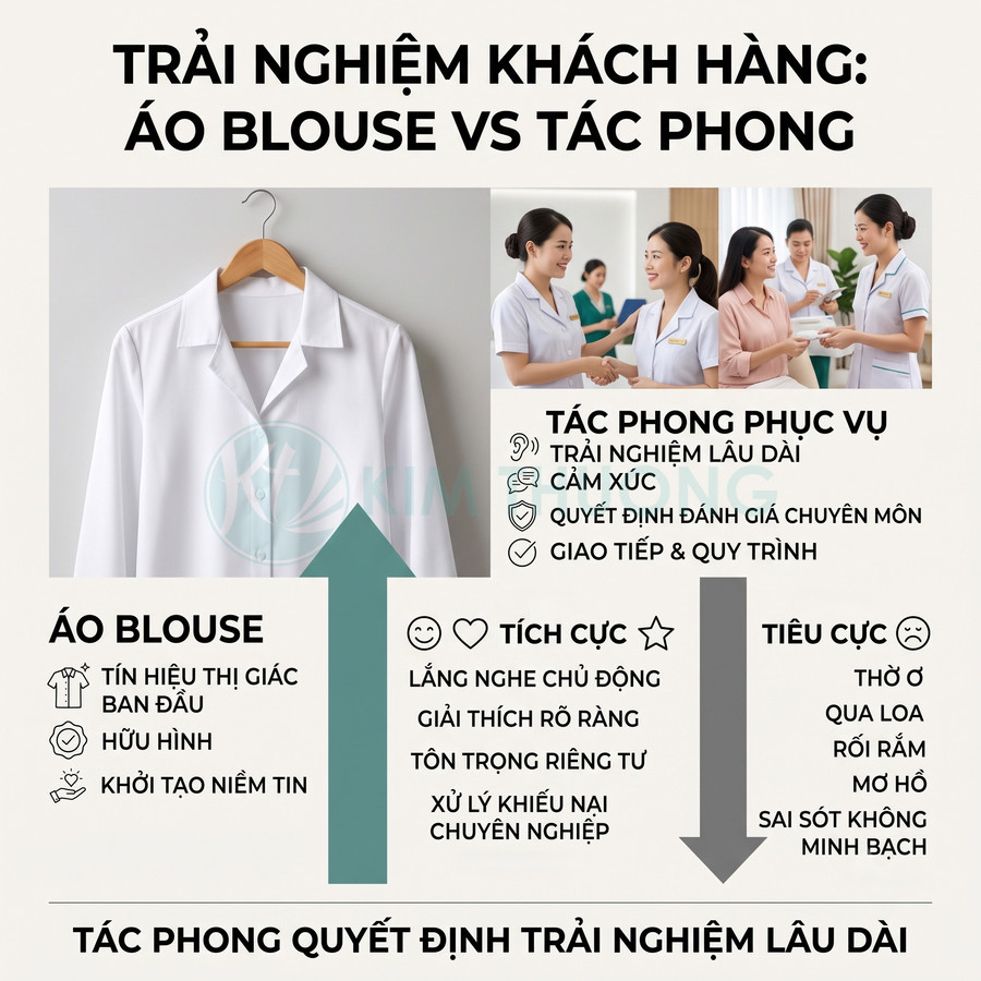 Áo blouse trắng treo trên móc và nhân viên y tế giao tiếp với khách hàng, nhấn mạnh tác phong phục vụ quyết định trải nghiệm