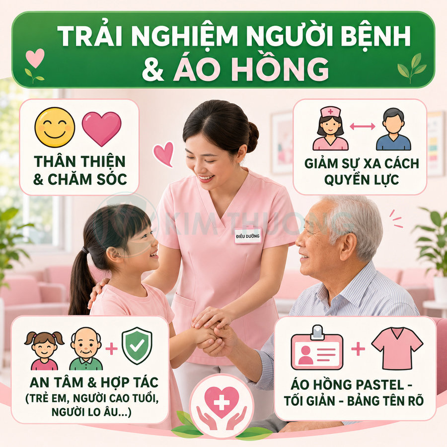 Điều dưỡng mặc áo hồng pastel thân thiện chăm sóc bé gái và bệnh nhân cao tuổi trong phòng khám sạch sẽ