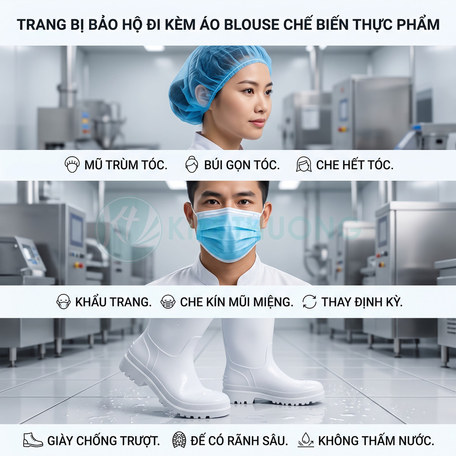 Trang bị bảo hộ chế biến thực phẩm gồm mũ trùm tóc, khẩu trang y tế và ủng trắng chống trượt