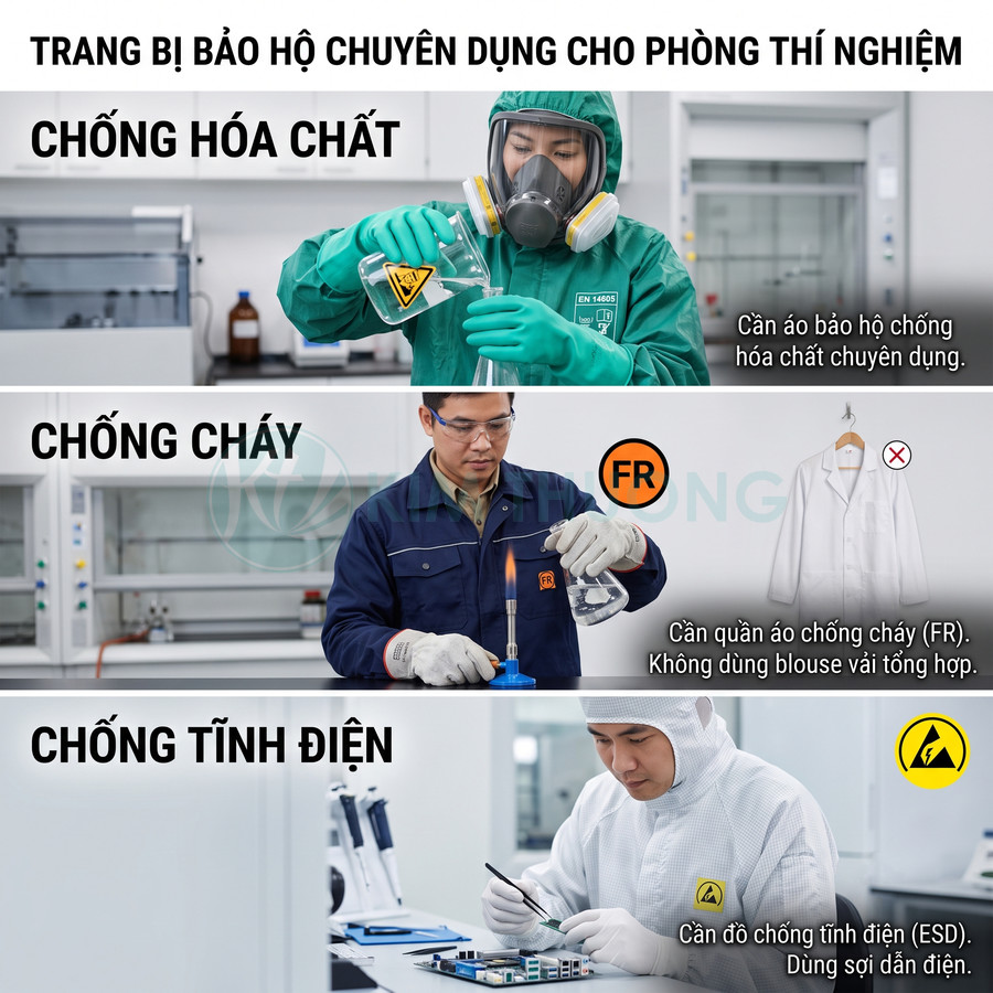 Trang bị bảo hộ phòng thí nghiệm gồm đồ chống hóa chất, quần áo chống cháy và trang phục chống tĩnh điện