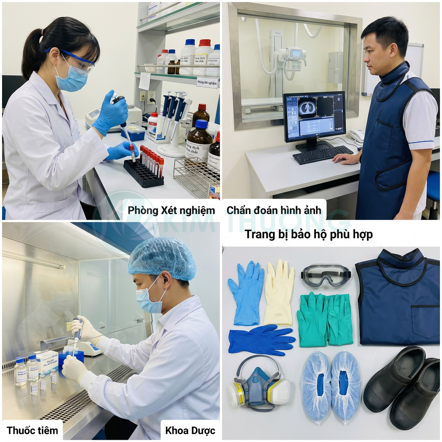 Trang bị bảo hộ y tế cho phòng xét nghiệm và chẩn đoán hình ảnh gồm găng tay, áo chì, kính, khẩu trang, ủng, giày