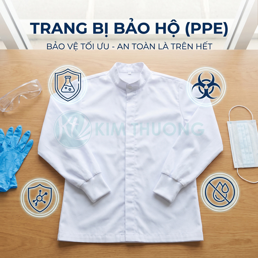 Áo blouse bảo hộ màu trắng cùng găng tay xanh, kính bảo hộ và khẩu trang y tế trên bàn gỗ