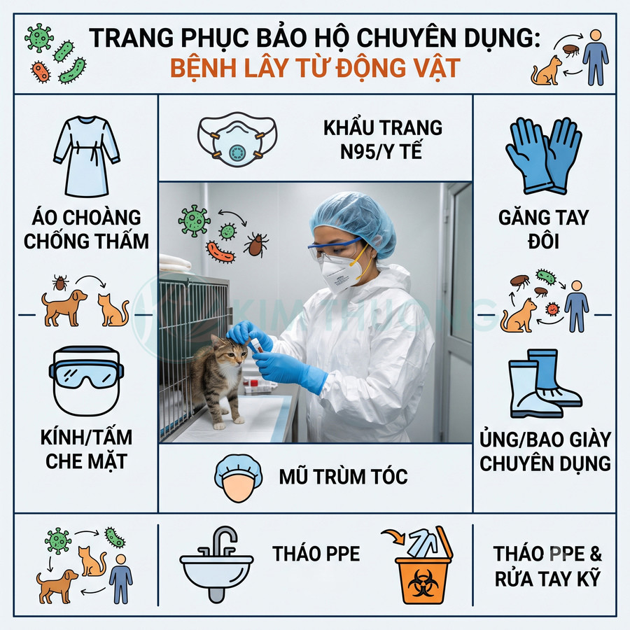 Nhân viên thú y mặc đồ bảo hộ đầy đủ kiểm tra mèo trong lồng, minh họa trang phục phòng bệnh lây từ động vật