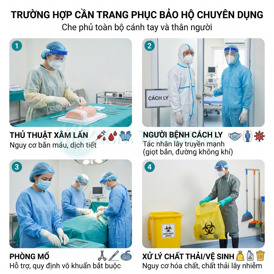 Hướng dẫn sử dụng trang phục bảo hộ y tế chuyên dụng trong thủ thuật xâm lấn, phòng mổ, cách ly và xử lý chất thải