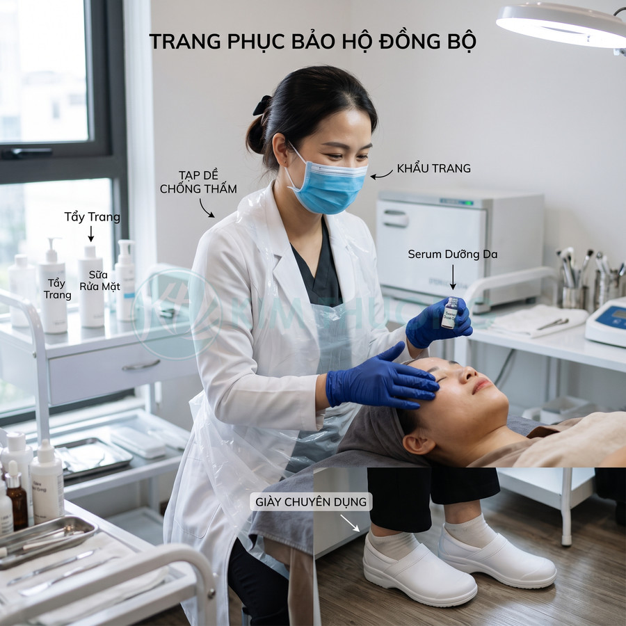 Kỹ thuật viên spa đeo khẩu trang găng tay dùng serum dưỡng da chăm sóc da mặt cho khách hàng