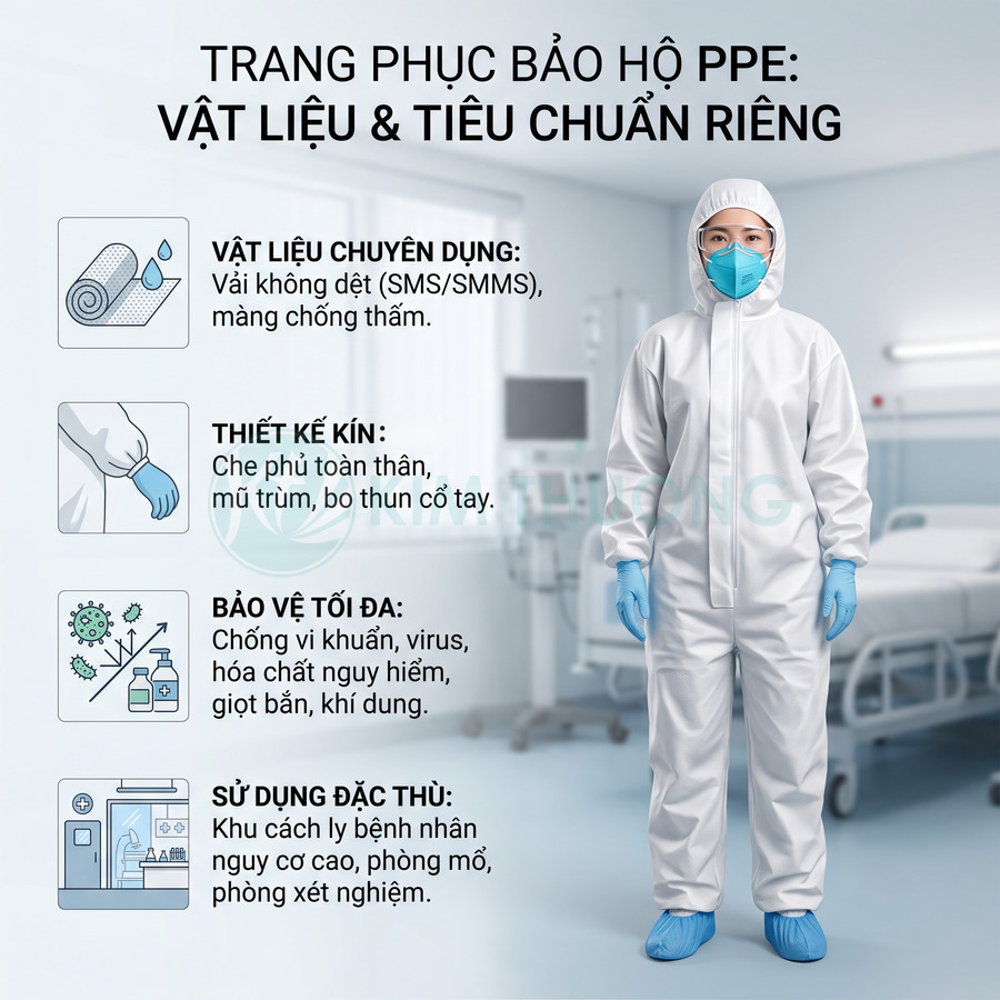 Nhân viên y tế mặc đồ bảo hộ PPE kín toàn thân, khẩu trang và găng tay trong phòng bệnh viện
